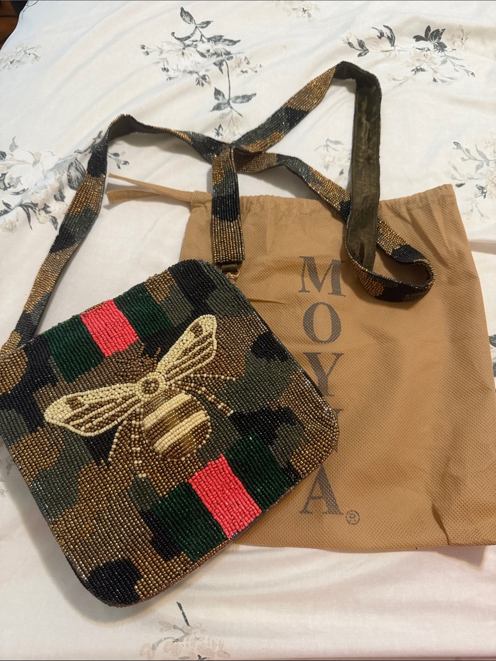 Moyna Beaded Camouflage Crossbody with Bee Motif - Green/Brown/Black/Red